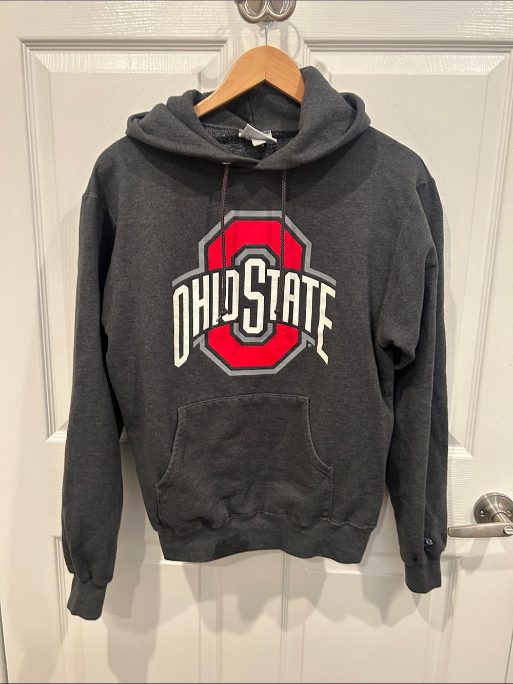 Champion Men's Dark Gray Crewneck Hoodie with Red Ohio State Logo